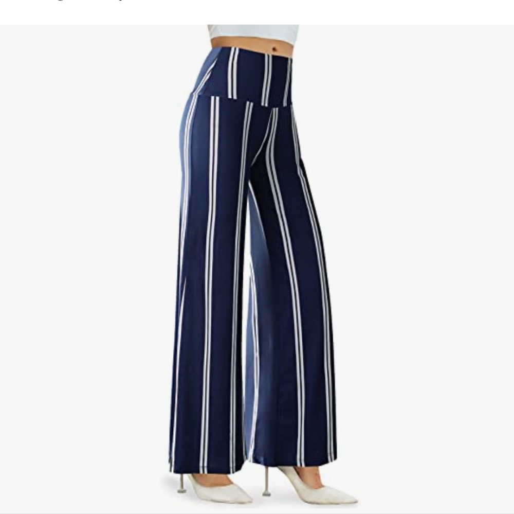 Women's Navy Striped Wide-Leg Pants
